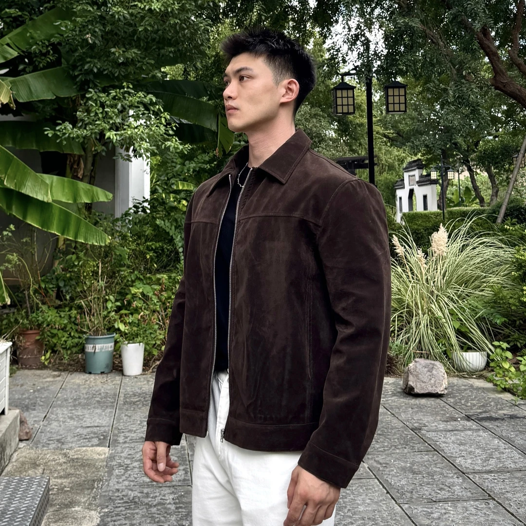 美式复古做旧麂皮感外套男士秋季翻领正肩版型美拉德痞帅穿搭夹克