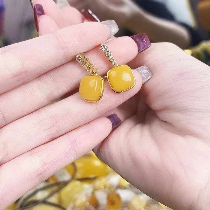 银S925镀金镶嵌琥珀裸石方糖耳钉