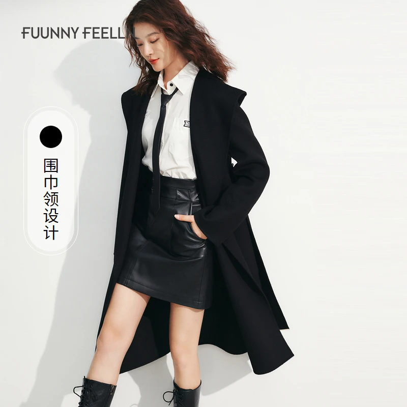 FF仿佛冬季毛呢中长款大衣女黑色羊绒外套秋冬围巾领系带FL00302