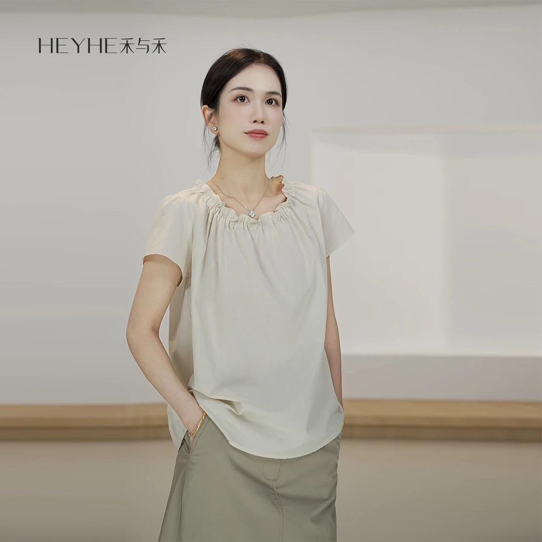 小禾【小荷清清】亚麻棉韩系圆领系带荷叶边百搭显瘦小衫短袖