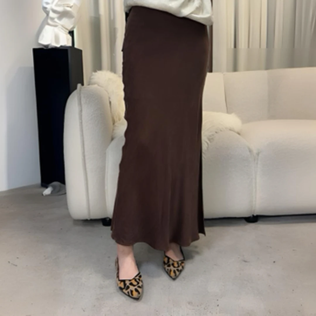 243397春夏松紧腰长款开叉斜布半身裙