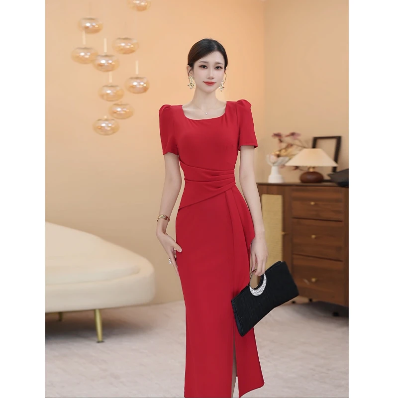 【文】拼接连衣裙夏季短袖新款气质轻奢修身名媛中长裙包臀2338