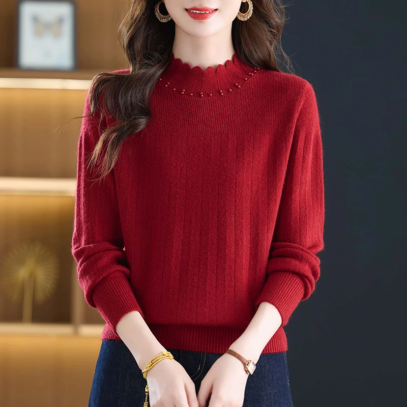 妈妈红色毛衣半高领针织衫女早秋2025新款秋冬加厚内搭打底衫上衣
