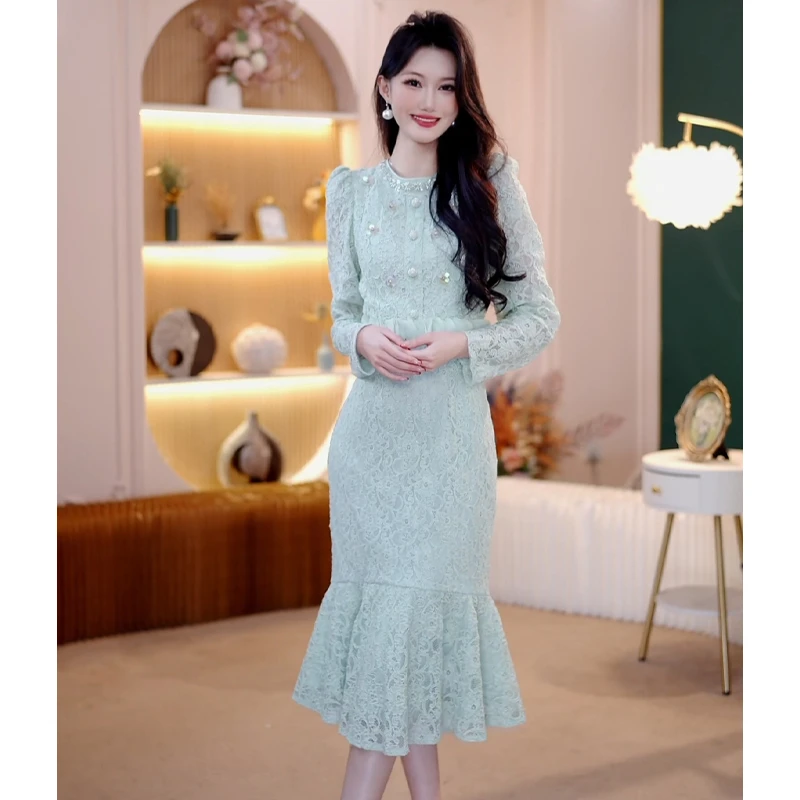 2025秋季新款时尚气质轻奢名媛修身瘦显瘦长袖鱼尾连衣裙6119