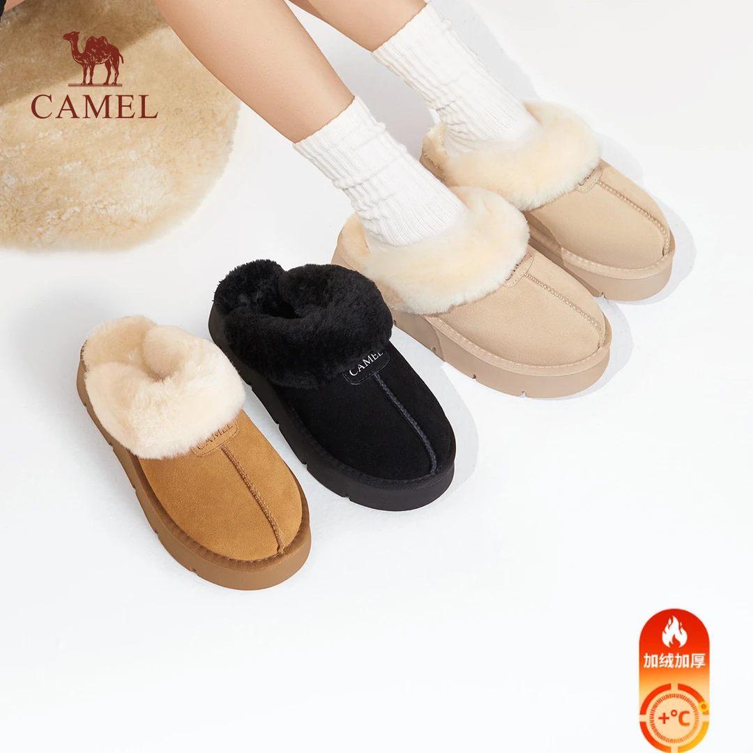 骆驼女鞋2024冬季新款棉拖鞋厚底加绒保暖雪地靴毛毛鞋外穿棉鞋女