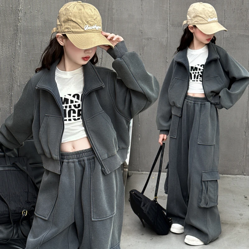 女童春秋款开衫套装2025秋季新款女孩宽松初中生秋装工装裤6-12岁