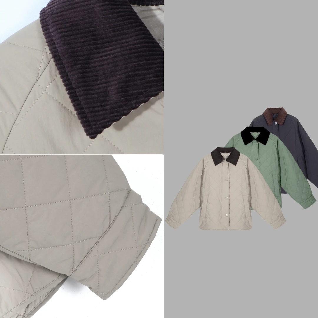 凯特丝蓓3336#【蝴蝶】菱形格翻领条绒领棉服外套