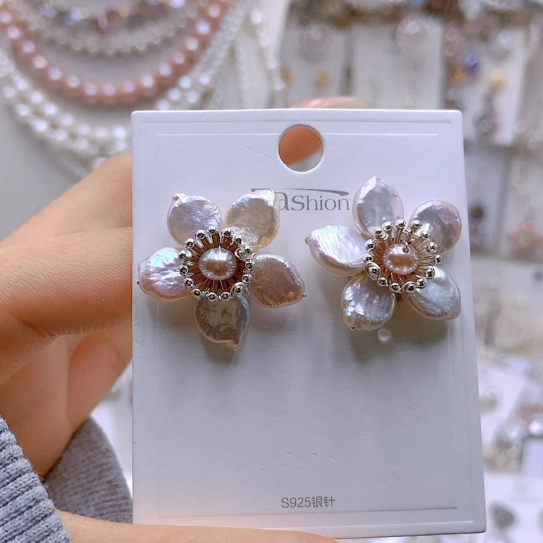 银S925镶嵌耳饰淡水珍珠小*花