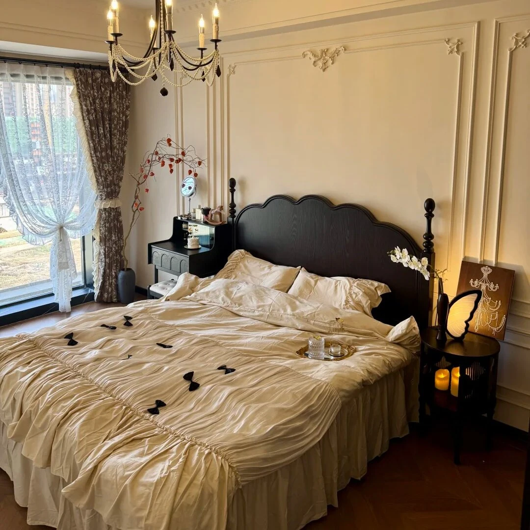 小老板推荐（马赛床）法式复古床黑色实木床现代简约1.8m双人大床