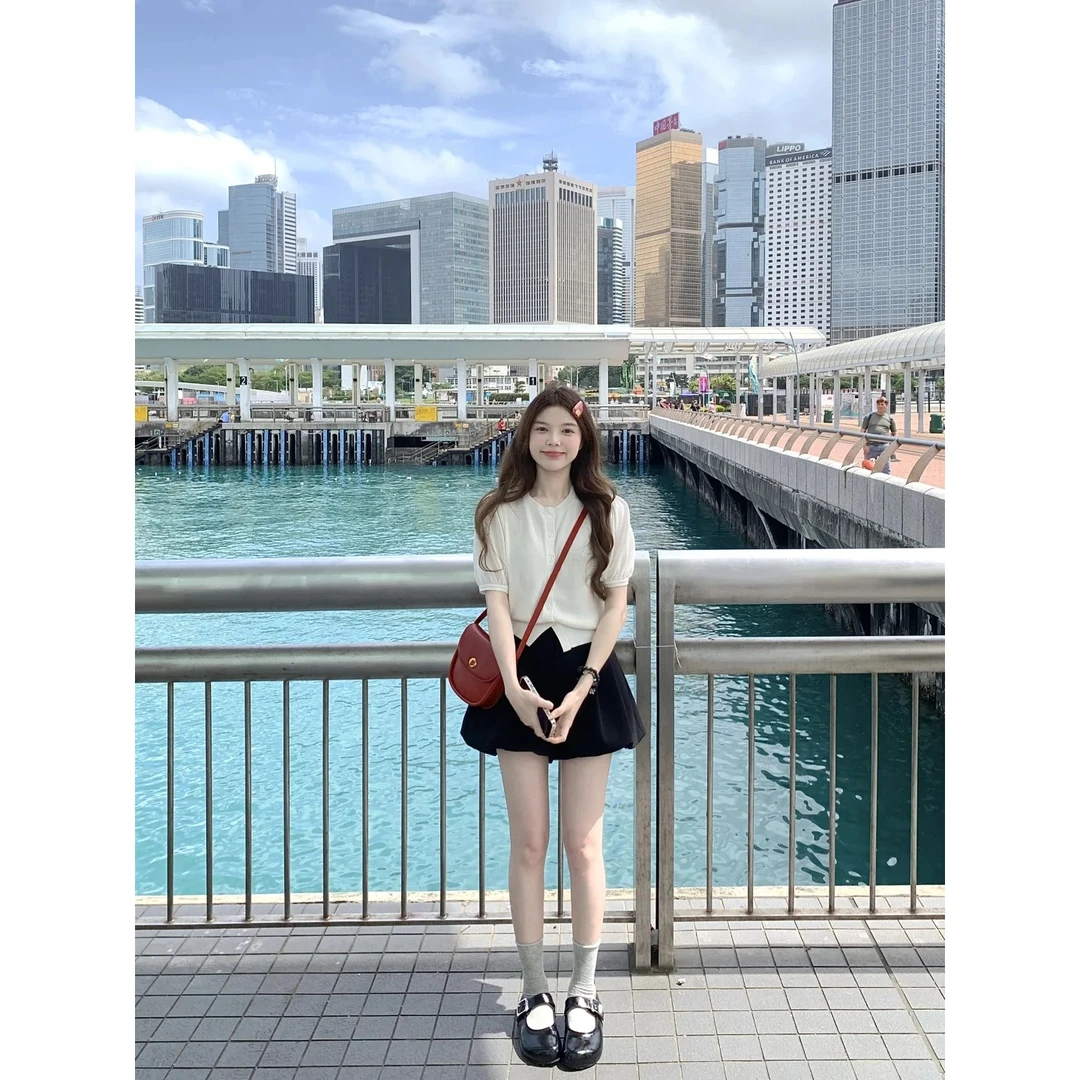 2025夏季新款圆领短袖针织开衫上衣高腰显瘦洋气衣服女短裙套装