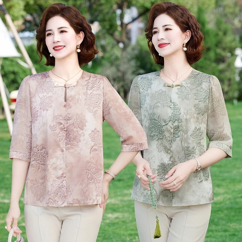 中式国风妈妈装夏季雪纺衫2025新款中老年女装t恤打底上衣服洋气