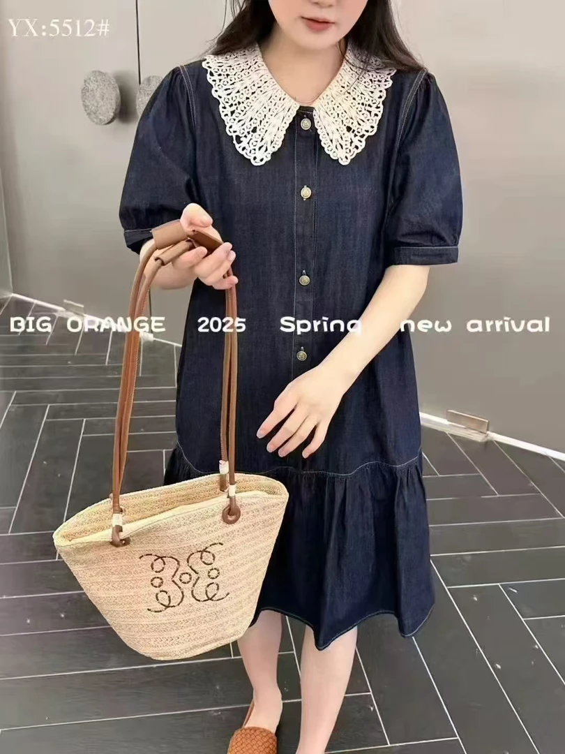 蕾丝拼接娃娃领短袖牛仔连衣裙女夏季新款小个子单排扣衬衫鱼尾裙