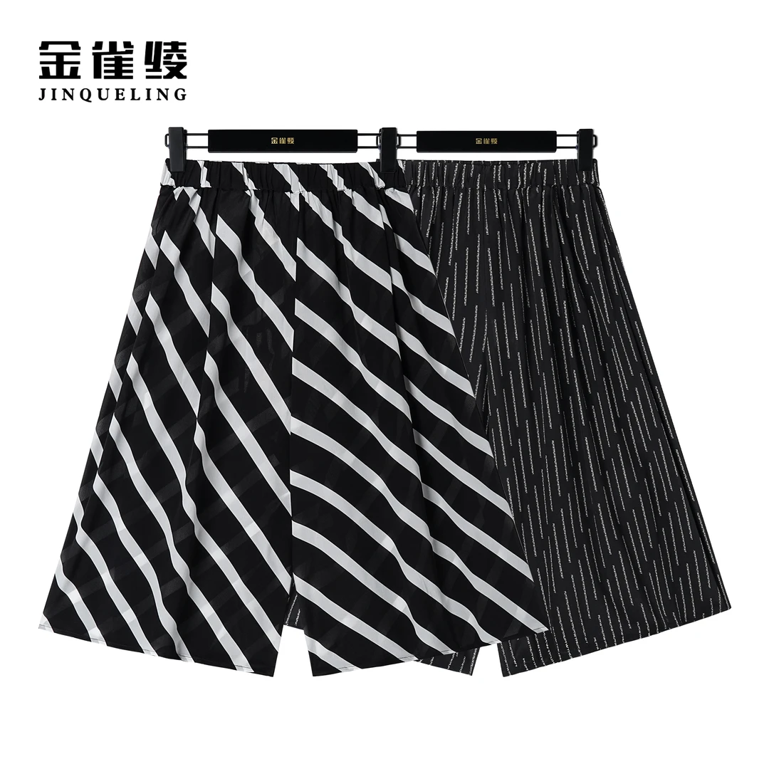 金雀绫【清凉裤】100桑蚕丝时尚条纹显瘦宽松裙裤AK6106