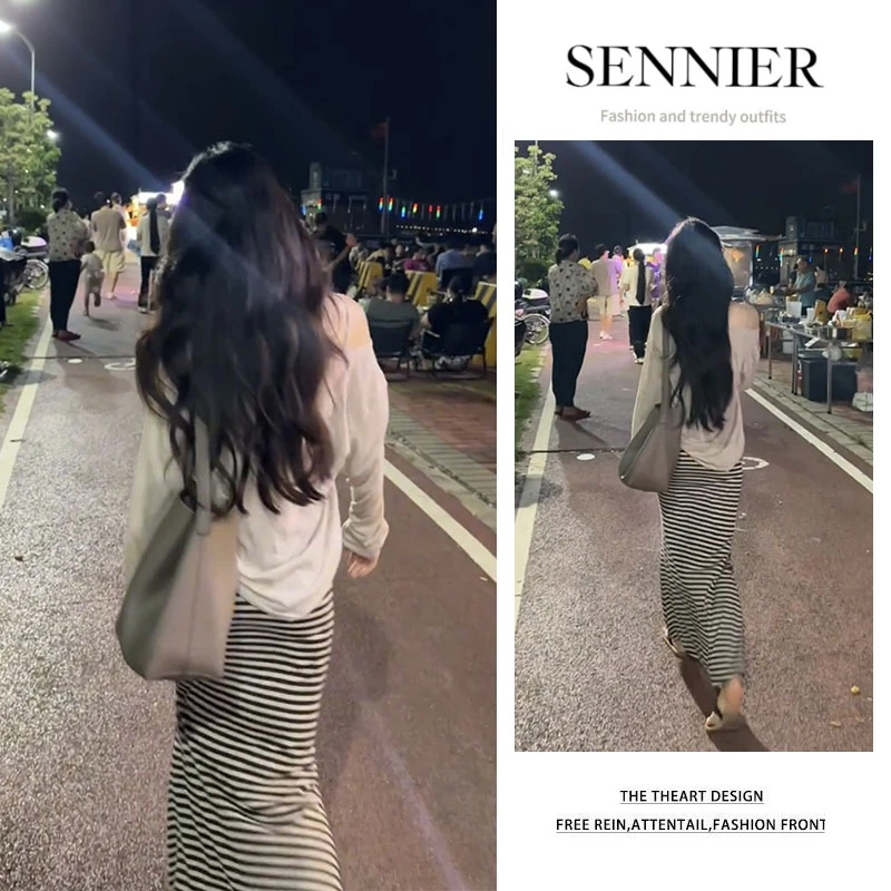 2025夏季新款慵懒风宽松斜肩长袖上衣百搭显瘦条纹半身裙两件套女