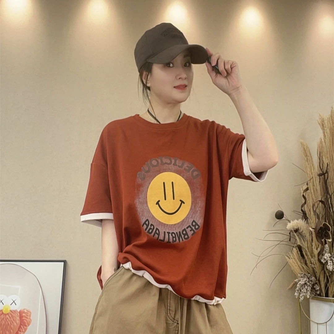 7279#休闲百搭夏季时尚显瘦宽松印花圆领T恤