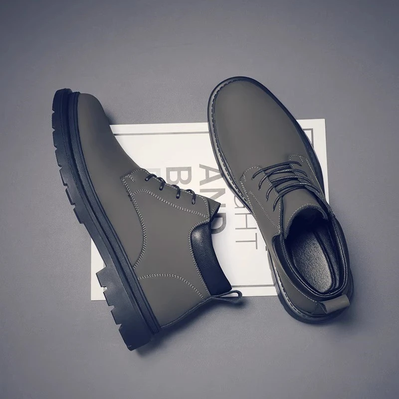 男款春秋新款马丁靴男英伦风高帮皮鞋男士男鞋休闲墨绿色男款短靴