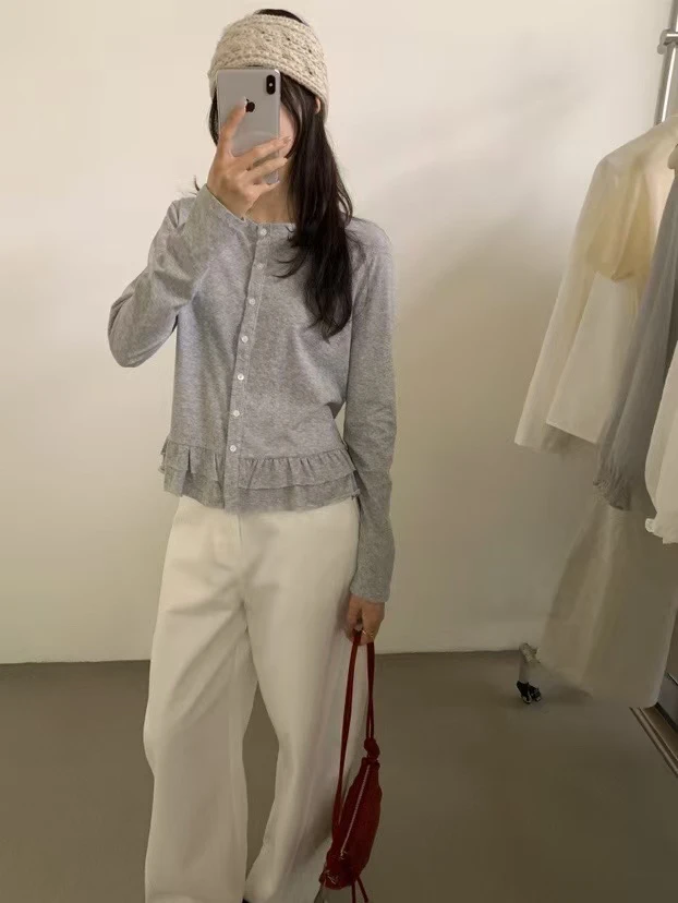 lovely@z6068 韩系百搭气质显瘦花边长袖上衣 4-15