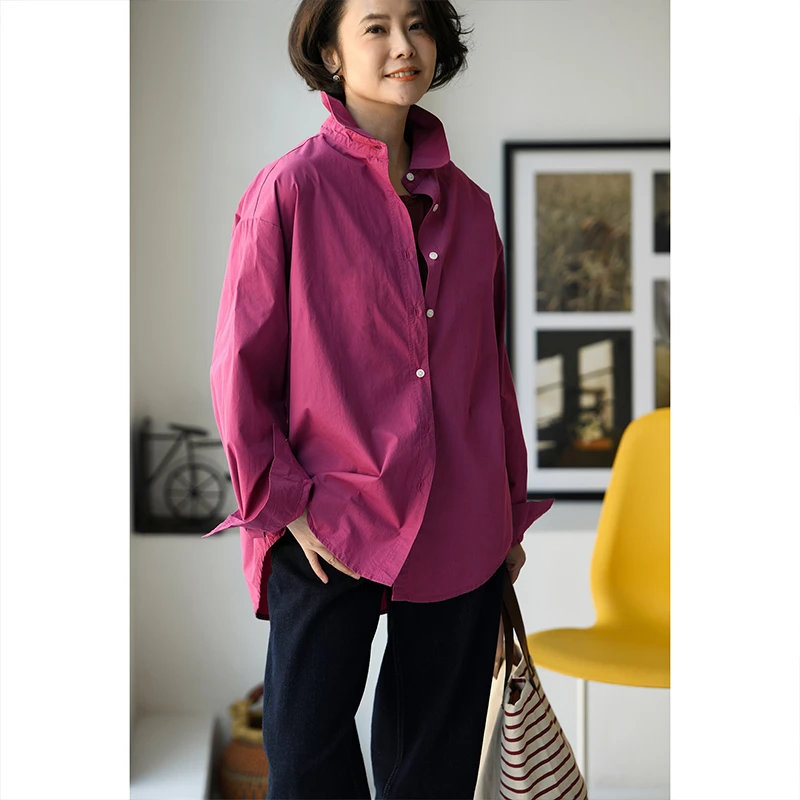 C10820 通勤简约宽松单排扣中长款翻领纯棉彩色衬衫女秋 米兰宣言