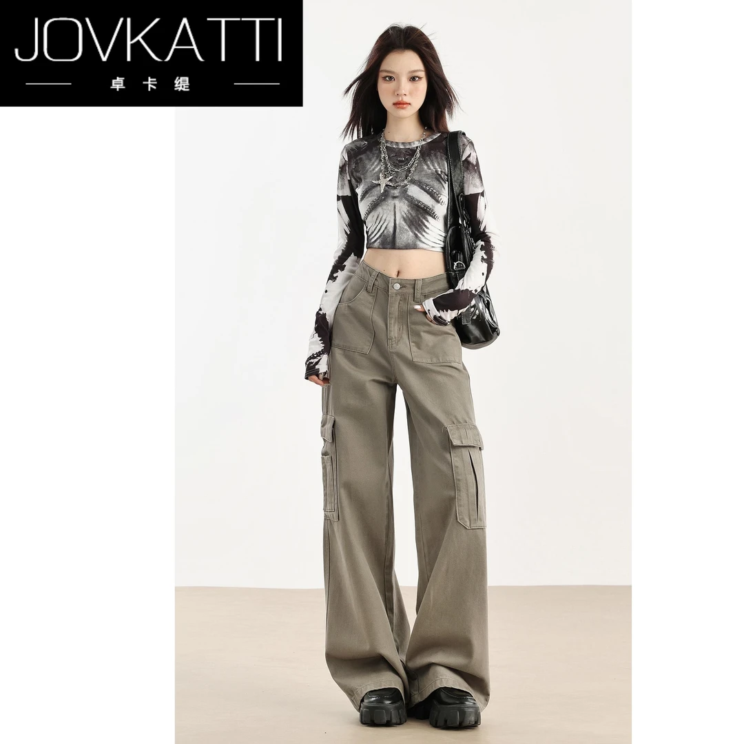 Jovkatti卓卡缇巧克力棕美式休闲工装裤女2025春秋宽松多口袋
