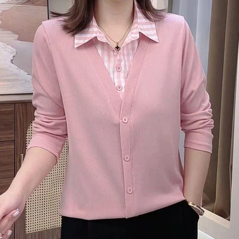 2025春秋新款时尚翻领格子拼接长袖小衫气质百搭显瘦假两件上衣