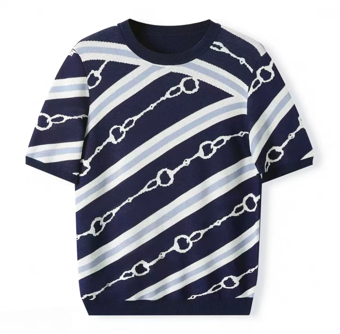 短袖套头款链条薄款提花毛针织衫女装印花夏季宽松圆领针织休闲