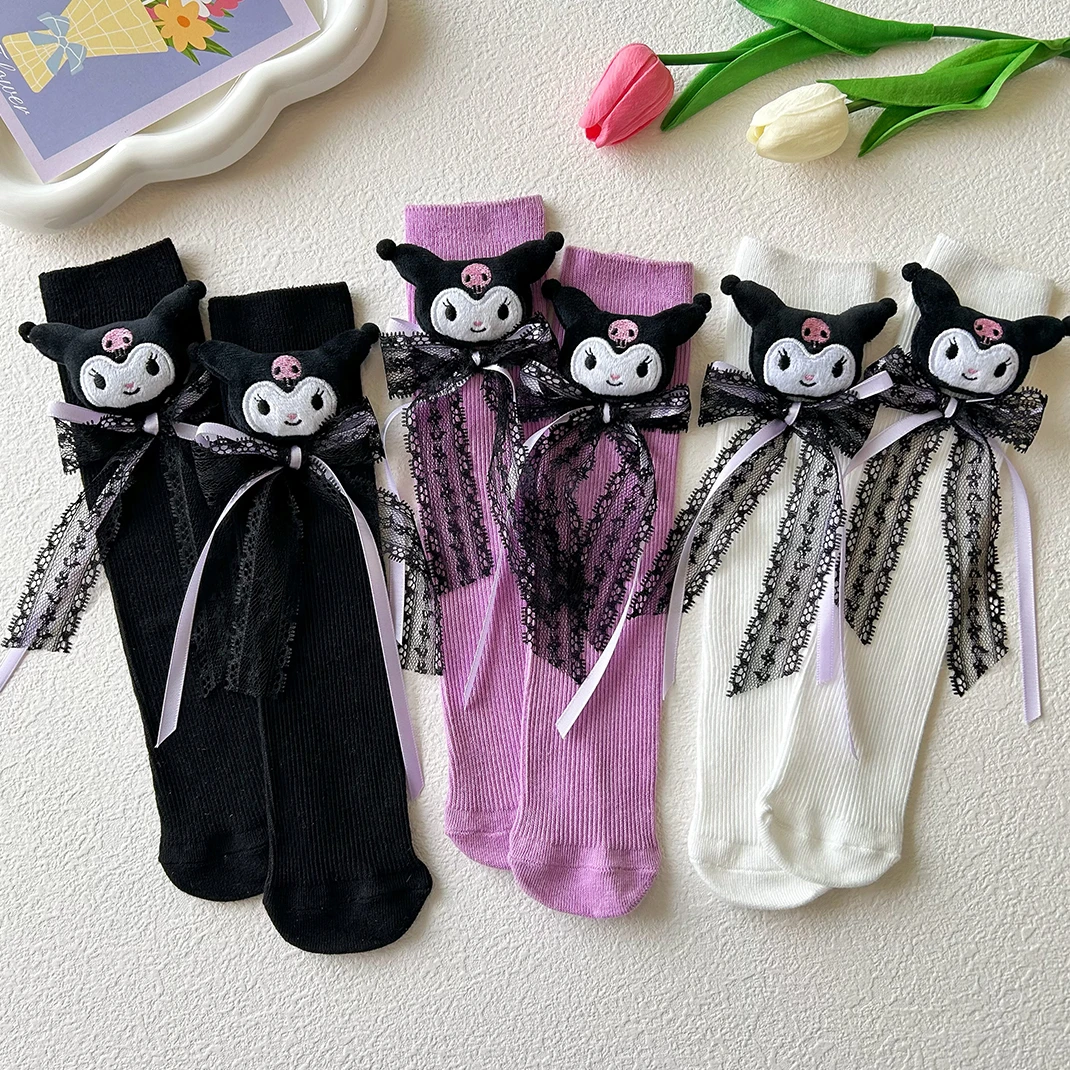 女童库洛米袜子春秋棉袜儿童卡通公仔中筒袜女宝蕾丝蝴蝶结长筒袜