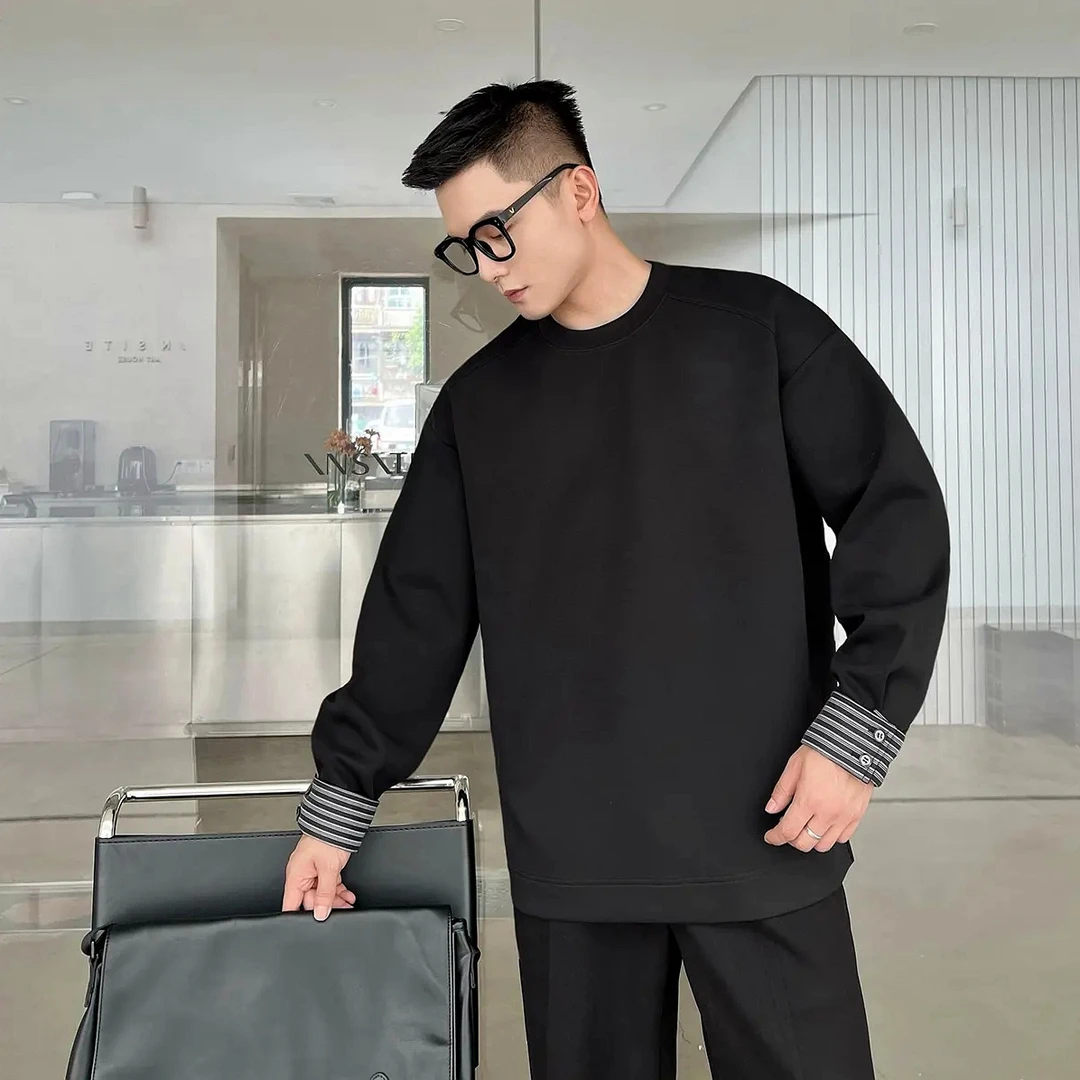 拼接长袖黑色男士棉质长袖T恤圆领潮流秋冬宽松百搭