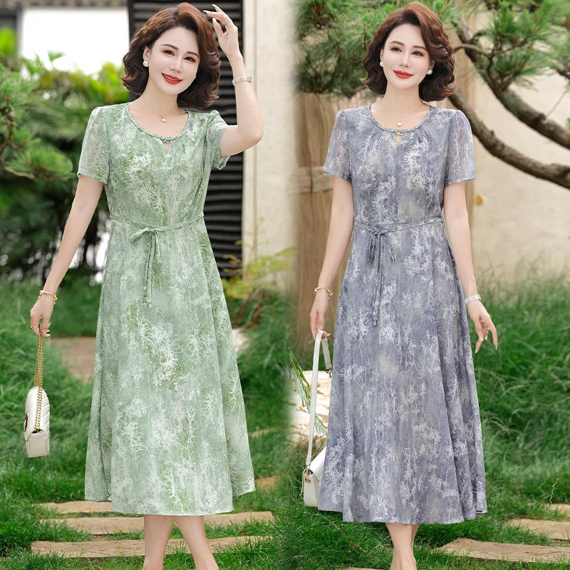 夏季妈妈中长款连衣裙收腰显瘦中老年女装宽松时尚长裙子2025新款