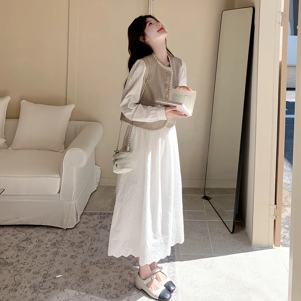 法式白色长袖女2025春秋季新款穿搭一整套清冷系禅意衣服女