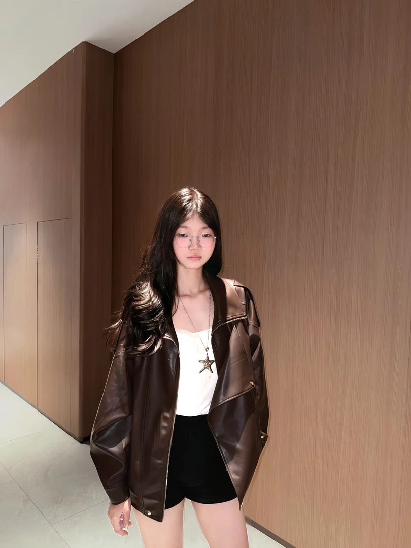 LIN SEN 早秋美式复古皮衣立领夹克外套