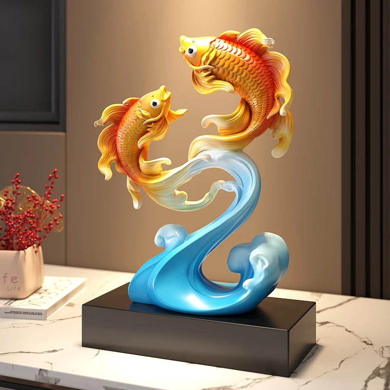 祥瑞双鲤鱼摆件新中式客厅电视柜玄关轻奢招财装饰品乔迁新居礼物