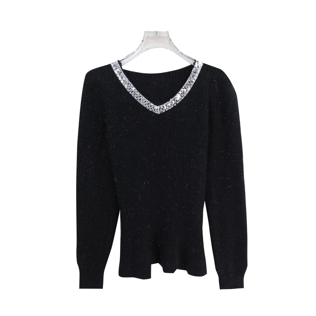 S纯欲风修身显瘦V领亮片洋气针织衫S5345