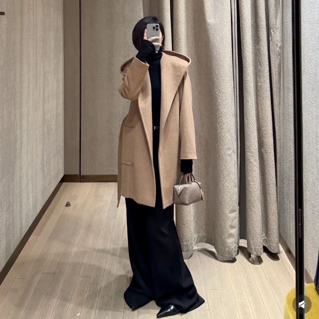 99新 MaxMara Rialto驼色连帽系带长袖大衣外套/36码/B10037