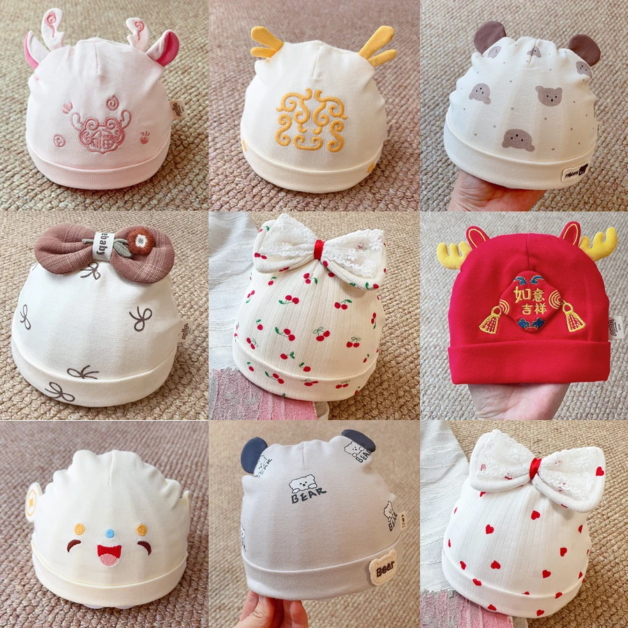 新生儿春秋薄款棉布小红帽平安如意满月婴儿胎帽红色中国风套头帽