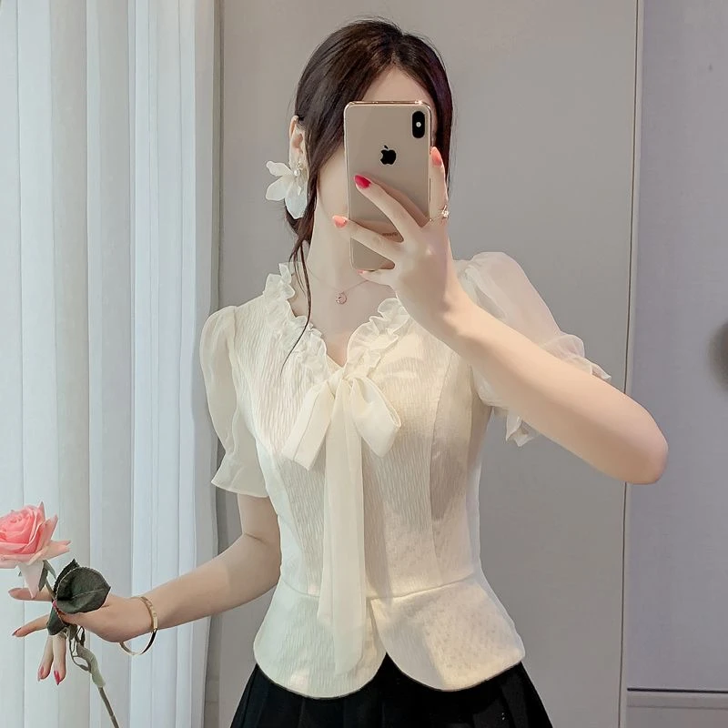 短袖女新款夏季蝴蝶结法式别致时尚洋气时髦短款上衣睡衣