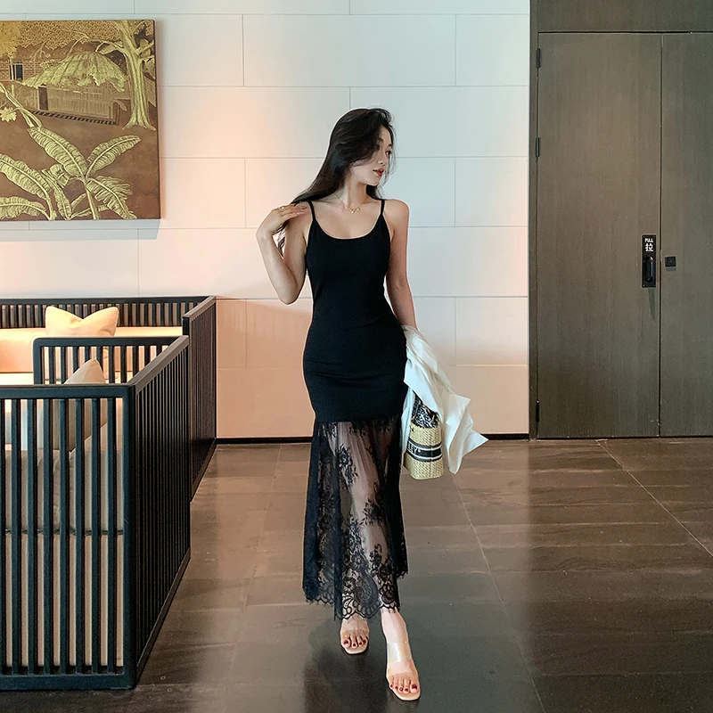 林关关【微醺黑玫瑰】性感蕾丝拼接吊带连衣裙夏季气质女人后妈裙