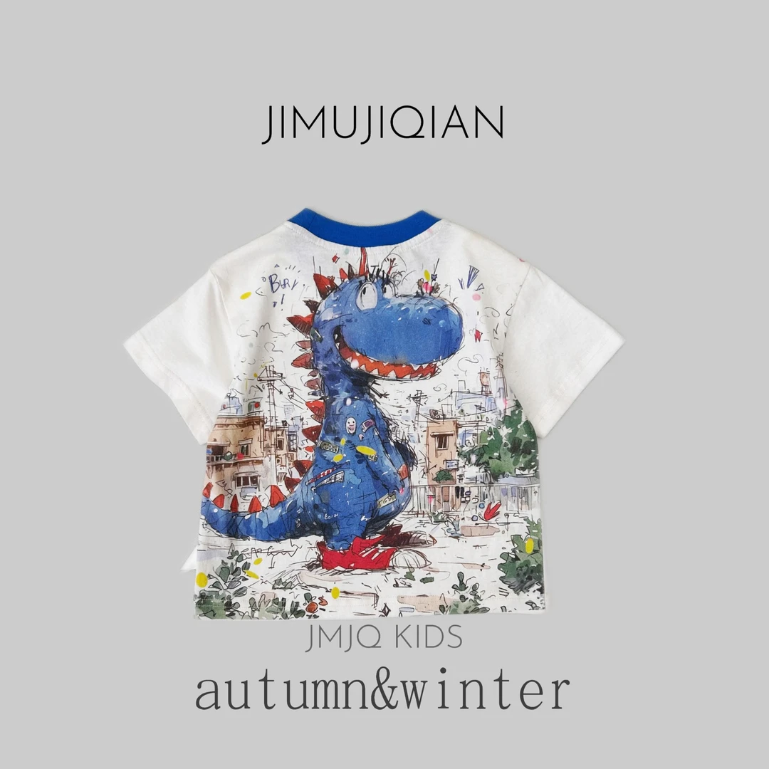 JMJQ夏季新款中小童韩版大面积恐龙印花短袖体恤25126