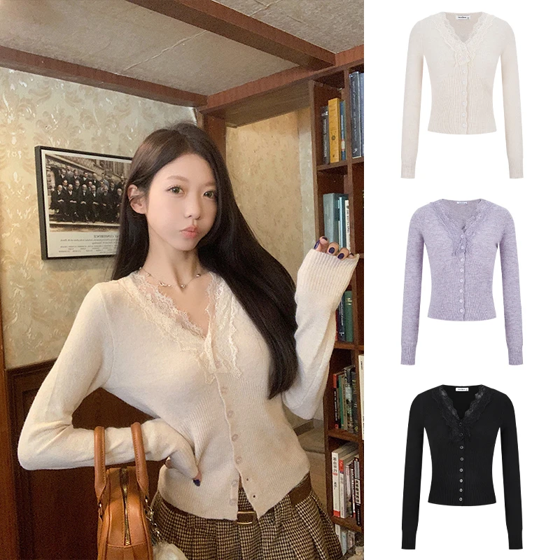 Moses Queen/魔西女王温柔风针织开衫蕾丝拼接高级感V领毛衣