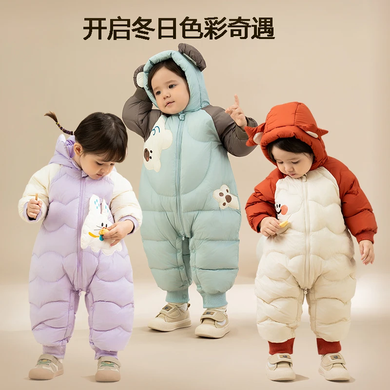 折扣婴儿羽绒连体衣服宝宝保暖爬服男女童冬季2024新款加厚抱衣