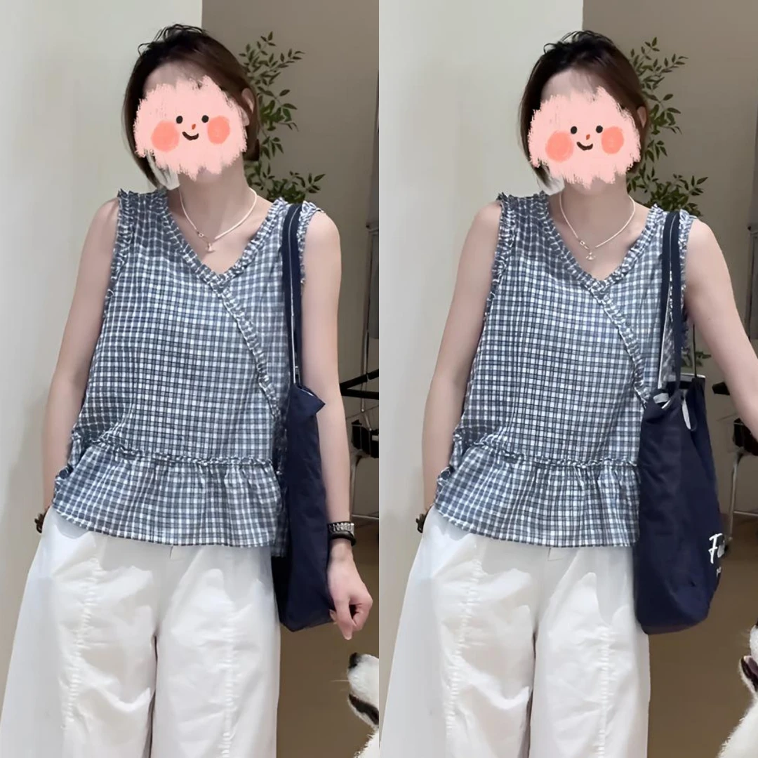2025年夏季新款木耳边格子背心女设计感时尚百搭宽松显瘦无袖上衣