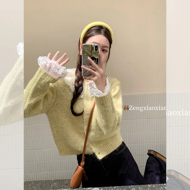 曾小咸  甜美显白黄色蕾丝花边长袖毛衣开衫Z243MY3367