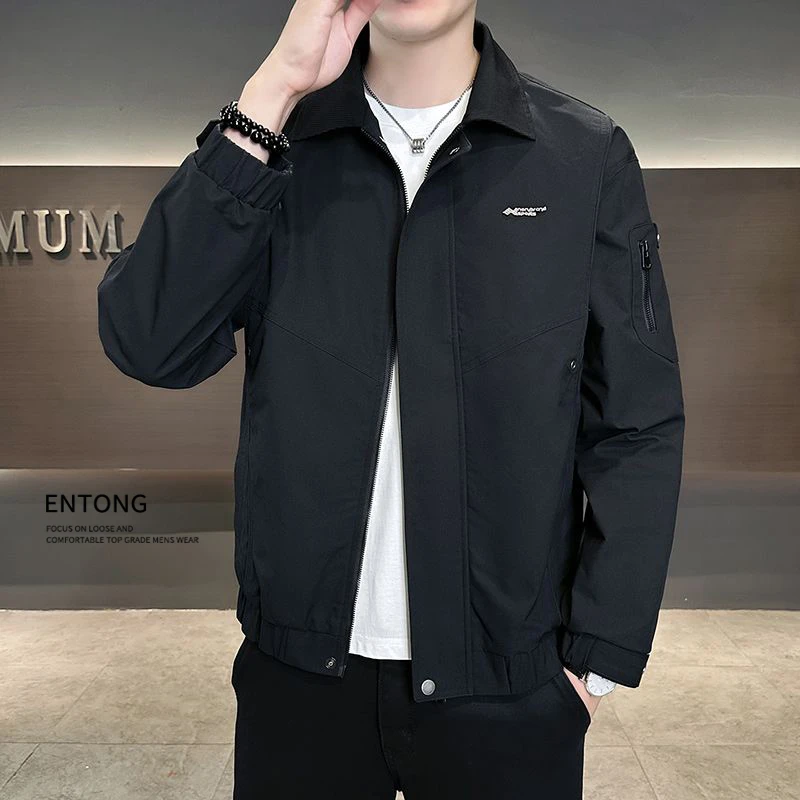 Entong翻领外套男士春秋季新款潮流帅气工装夹克黑色百搭宽松夹克