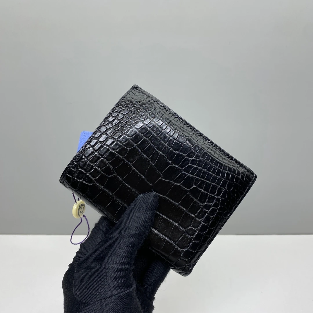 97新Hermes爱马仕黑色稀有皮鳄鱼皮对折短钱夹