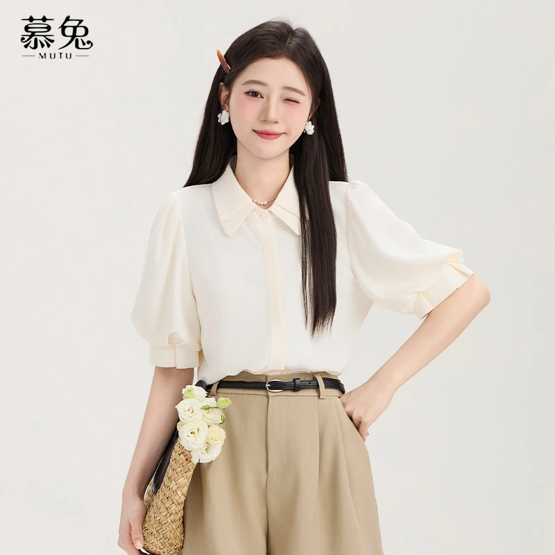 慕兔法式气质宽松短袖衬衫女2025夏季新款独特别致设计感小众上衣