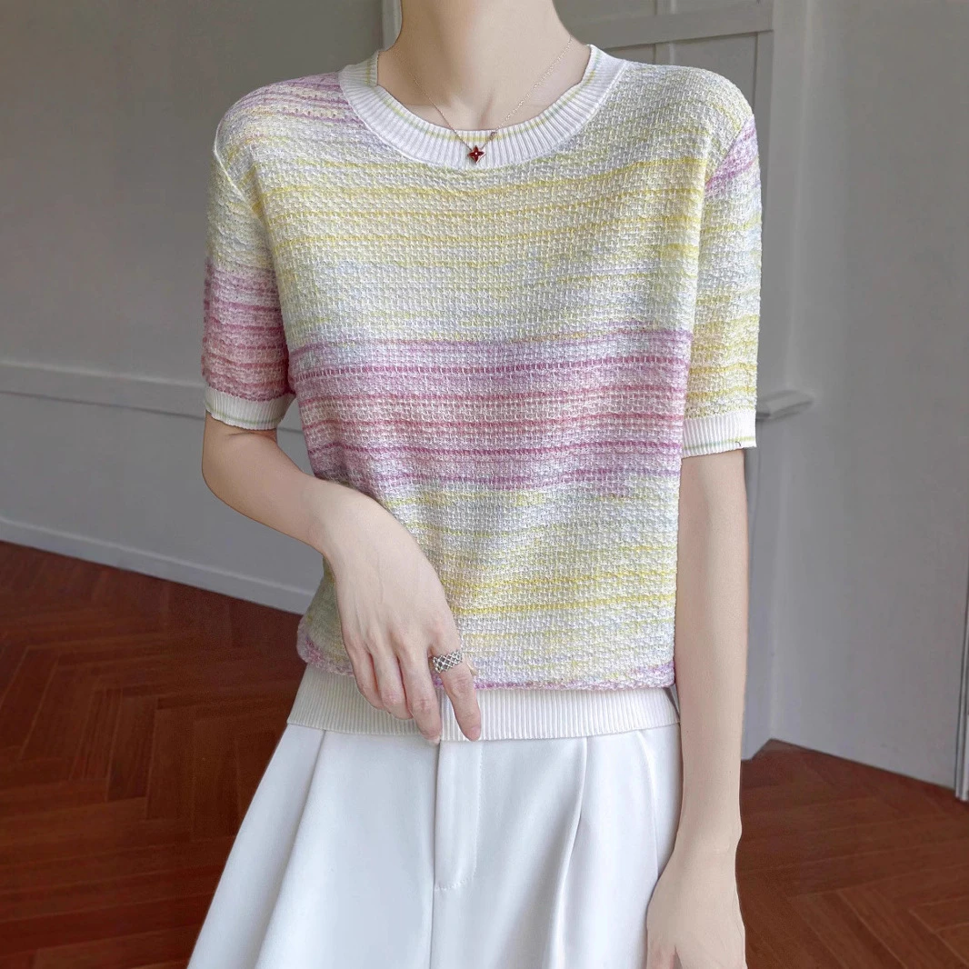夏季新款天丝莱赛尔圆领针织衫短袖T恤女渐变色条纹小众上衣薄款