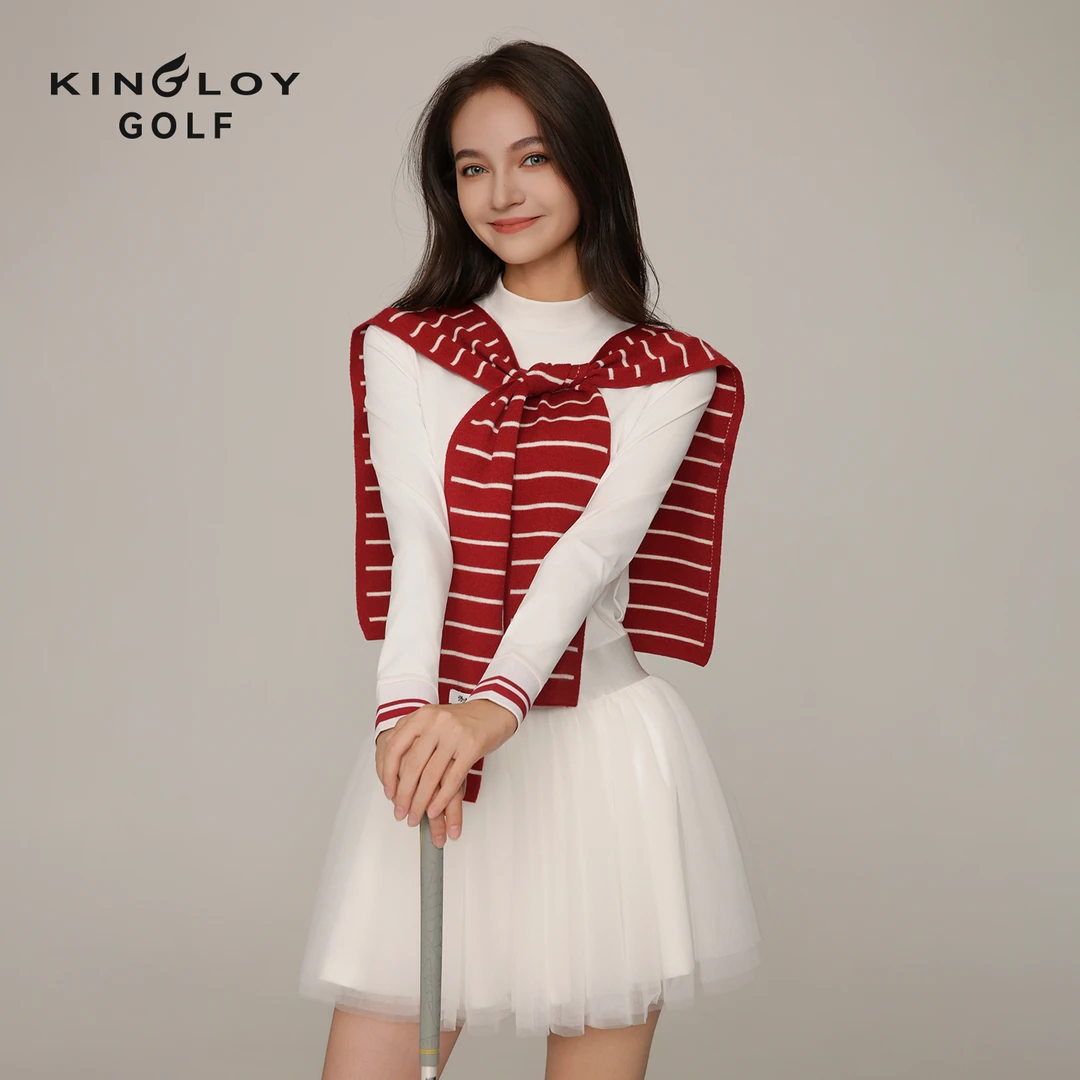 KINGLOY高尔夫女装2025新款长袖T恤打底衫搭配红色披肩