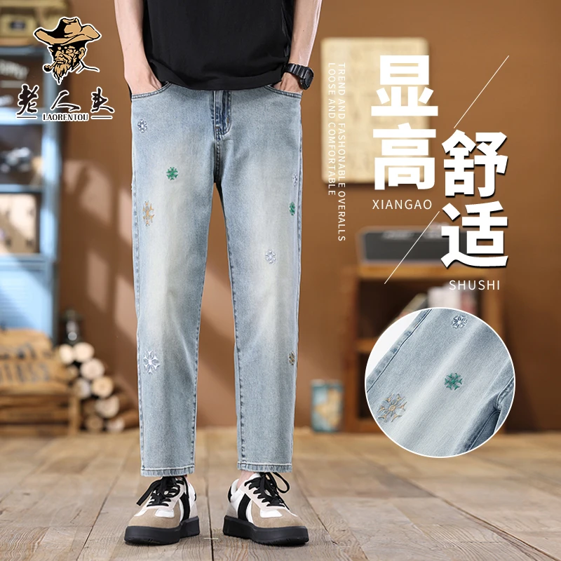 老人头2025夏季新款时尚潮流刺绣牛仔裤男潮牌高街修身百搭夏款
