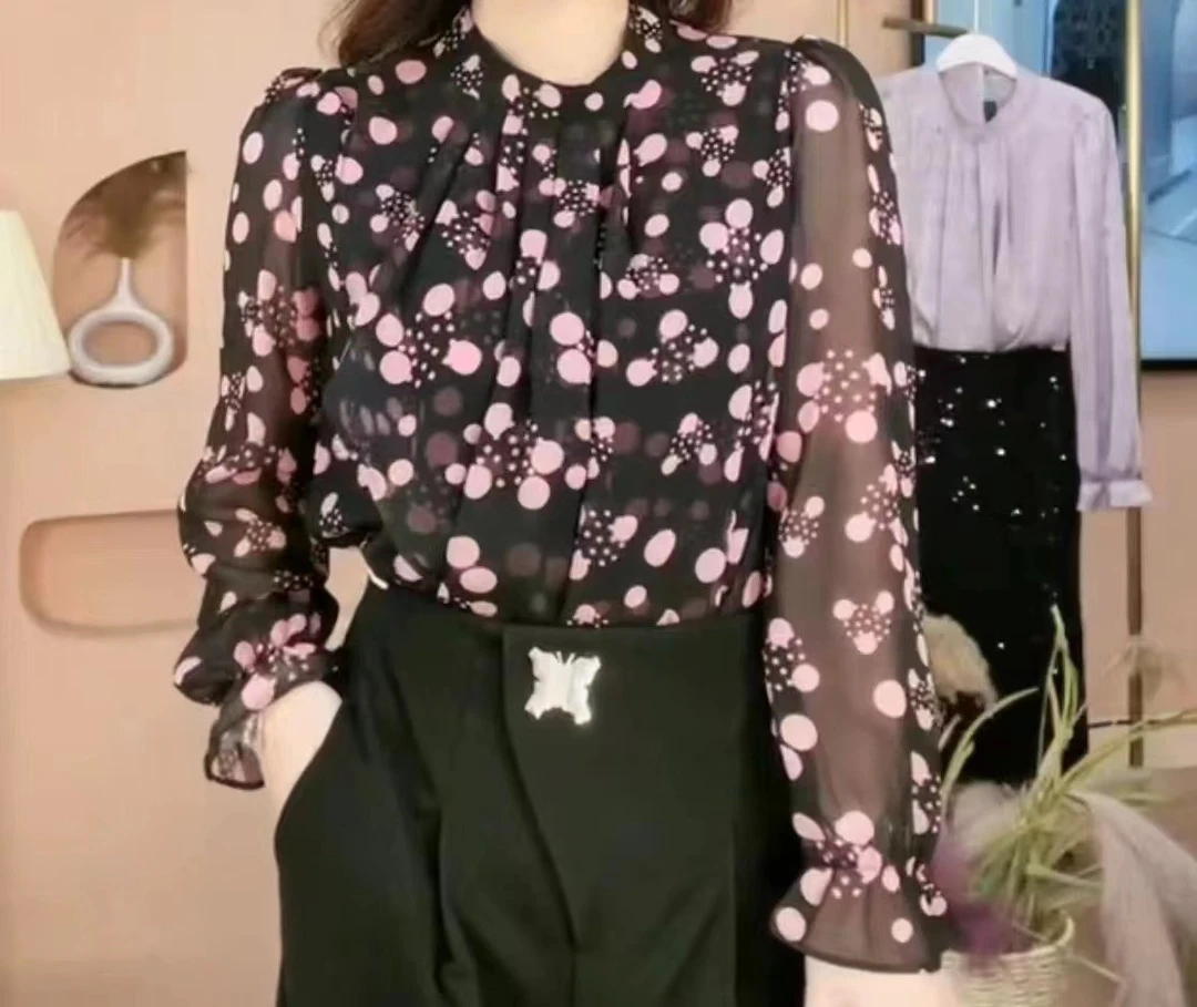 百搭圆领气质宽松女装波点秋季减龄衬衣衬衫上衣网红洋气炸街女装