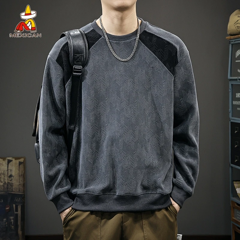Mexican/稻草人秋季潮流撞色长袖卫衣男款宽松休闲圆领打底衫上衣