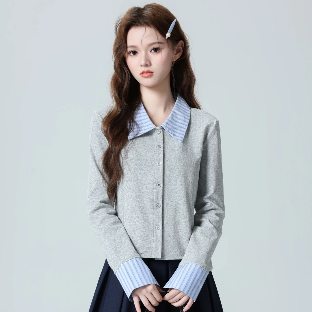 灰色假两件拼接长袖T恤女2025秋季新款POLO领撞色正肩体恤短上衣